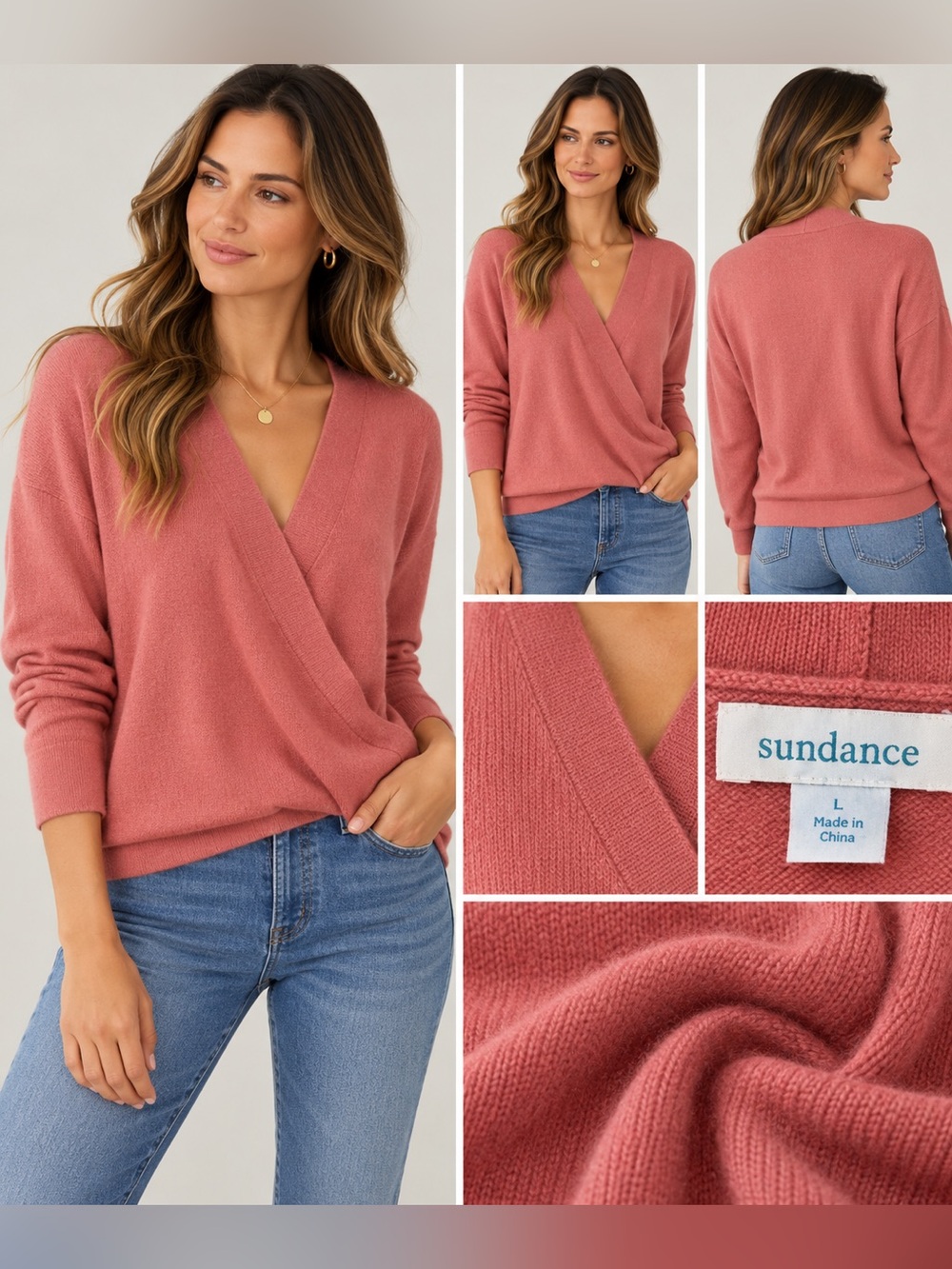 Sundance Eva 100% Cashmere Wrap Sweater Rose Pink Large